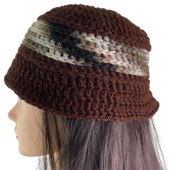 Crochet Bucket Beanie Hat Granny Square Pattern Brown Handmade New Foldable main image 5